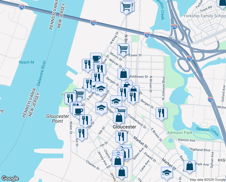 map of restaurants, bars, coffee shops, grocery stores, and more near 419 Monmouth Street in Gloucester City