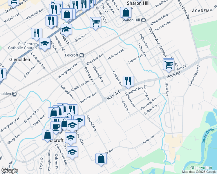 map of restaurants, bars, coffee shops, grocery stores, and more near 1545 Warwick Avenue in Folcroft