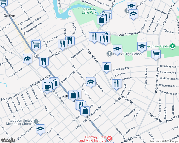 map of restaurants, bars, coffee shops, grocery stores, and more near 139 South Davis Avenue in Audubon