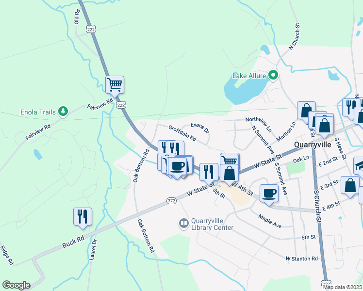 map of restaurants, bars, coffee shops, grocery stores, and more near 6 Overlook Drive in Quarryville