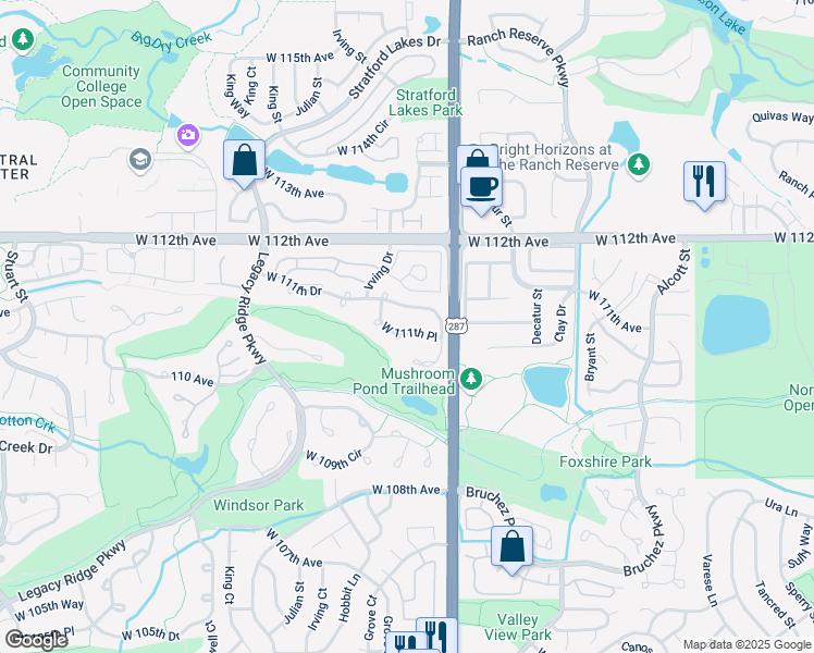 map of restaurants, bars, coffee shops, grocery stores, and more near 3097 West 111th Place in Westminster