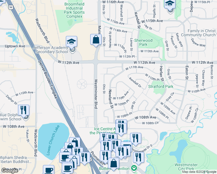 map of restaurants, bars, coffee shops, grocery stores, and more near 11065 Newland Street in Westminster