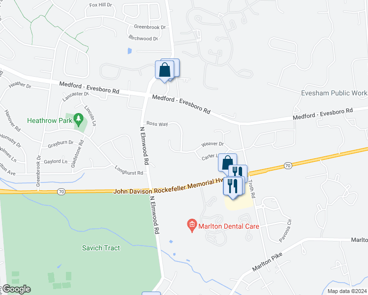 map of restaurants, bars, coffee shops, grocery stores, and more near 6 Ross Way in Evesham