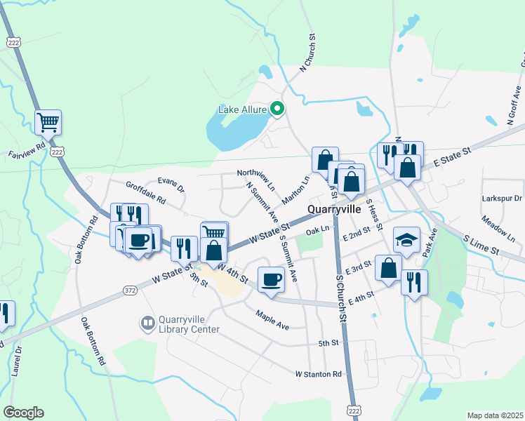 map of restaurants, bars, coffee shops, grocery stores, and more near 122 North Summit Avenue in Quarryville