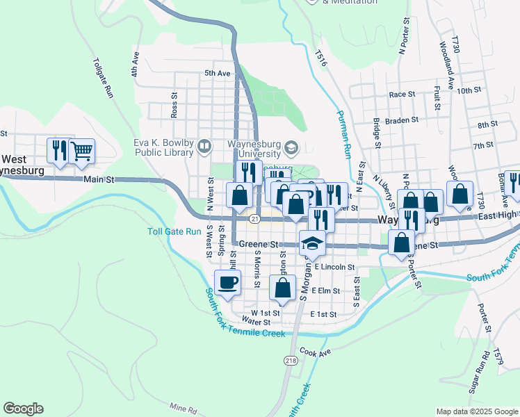 map of restaurants, bars, coffee shops, grocery stores, and more near 54 North Morris Street in Waynesburg