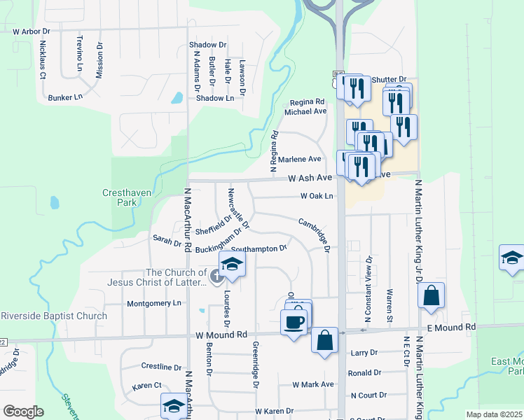 map of restaurants, bars, coffee shops, grocery stores, and more near 404 Cambridge Drive in Decatur
