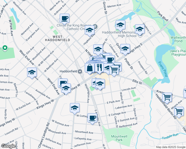 map of restaurants, bars, coffee shops, grocery stores, and more near 37e Lantern Lane in Haddonfield