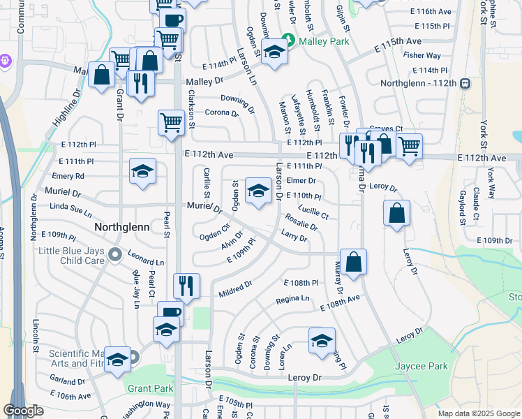 map of restaurants, bars, coffee shops, grocery stores, and more near 1123 Muriel Drive in Northglenn