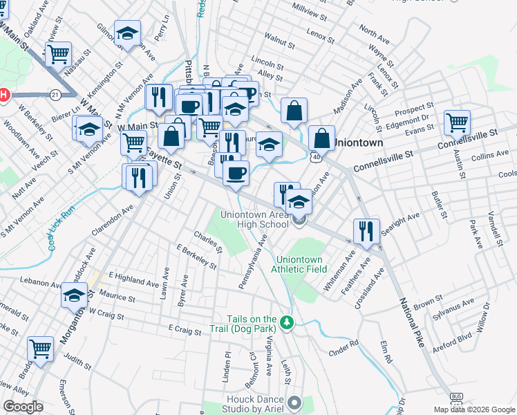 map of restaurants, bars, coffee shops, grocery stores, and more near 90 East Fayette Street in Uniontown