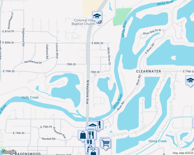 map of restaurants, bars, coffee shops, grocery stores, and more near 7738 Solana Drive in Indianapolis