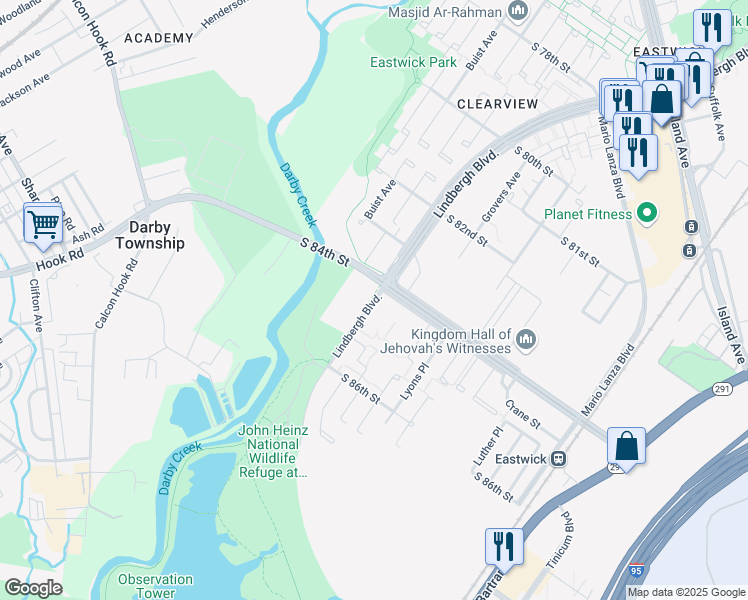 map of restaurants, bars, coffee shops, grocery stores, and more near 8403 Lindbergh Boulevard in Philadelphia