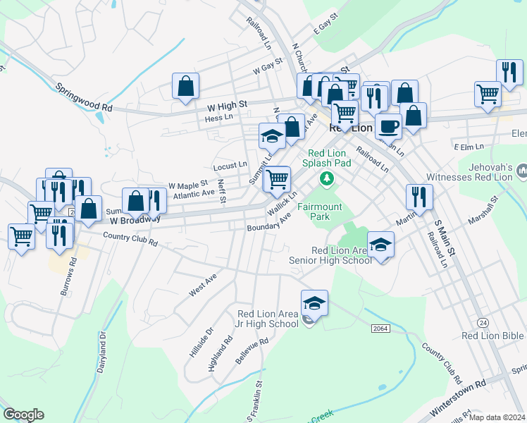 map of restaurants, bars, coffee shops, grocery stores, and more near 402 West Broadway in Red Lion