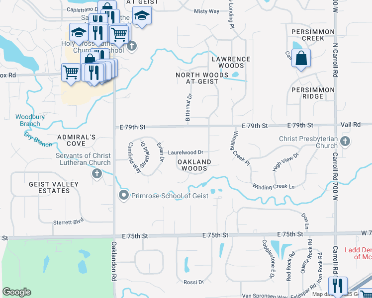 map of restaurants, bars, coffee shops, grocery stores, and more near 12124 Laurelwood Drive in Indianapolis