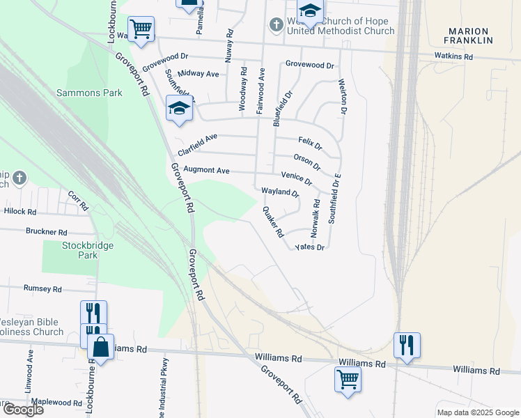 map of restaurants, bars, coffee shops, grocery stores, and more near 3333 Quaker Road in Columbus