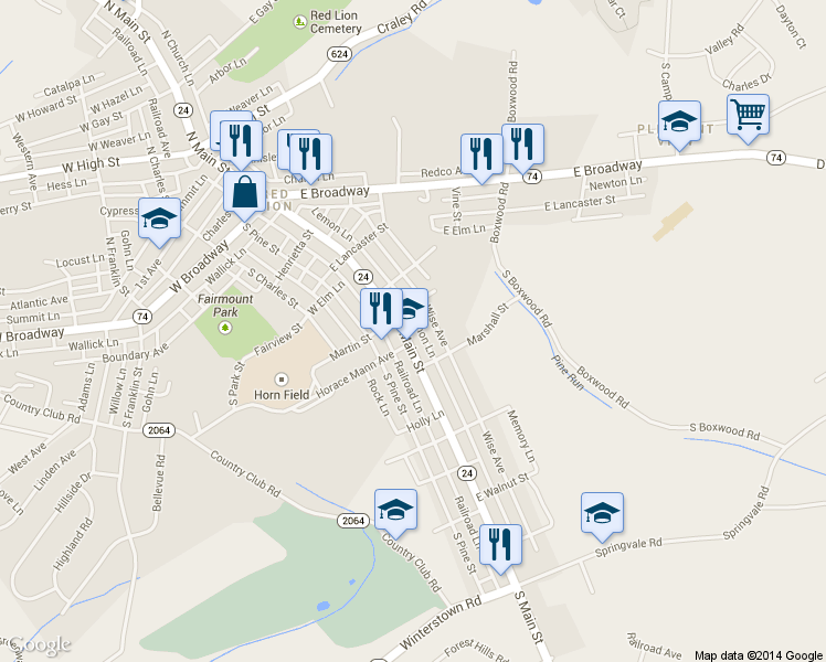 map of restaurants, bars, coffee shops, grocery stores, and more near 421 S Main St in Red Lion