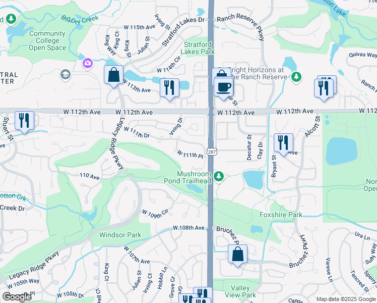 map of restaurants, bars, coffee shops, grocery stores, and more near 3097 West 111th Place in Westminster