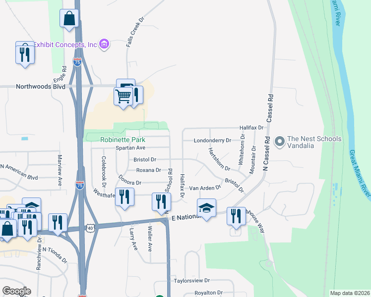 map of restaurants, bars, coffee shops, grocery stores, and more near 222 Halifax Drive in Vandalia