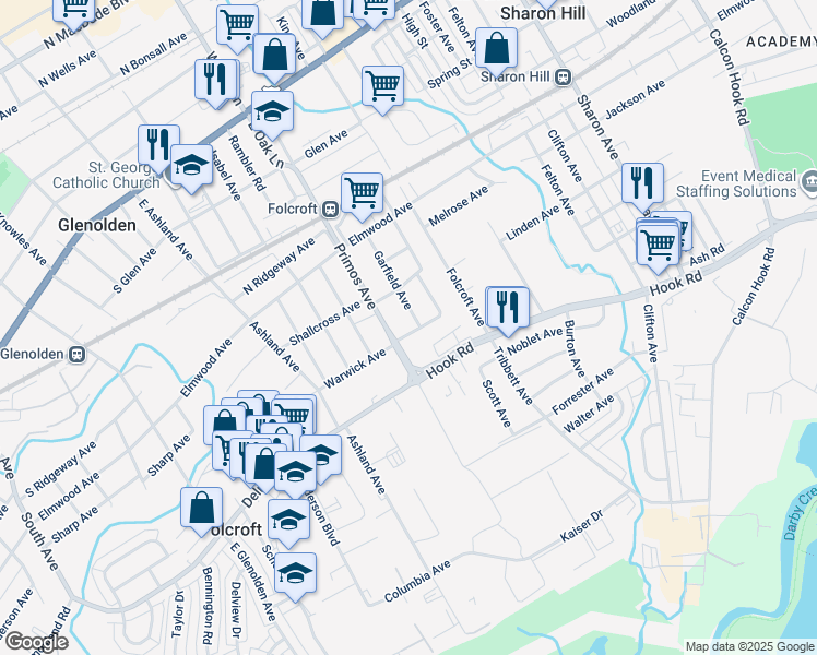 map of restaurants, bars, coffee shops, grocery stores, and more near 1558 Warwick Avenue in Folcroft