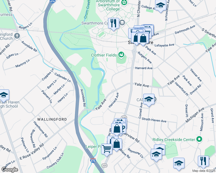 map of restaurants, bars, coffee shops, grocery stores, and more near 801 Yale Avenue in Swarthmore