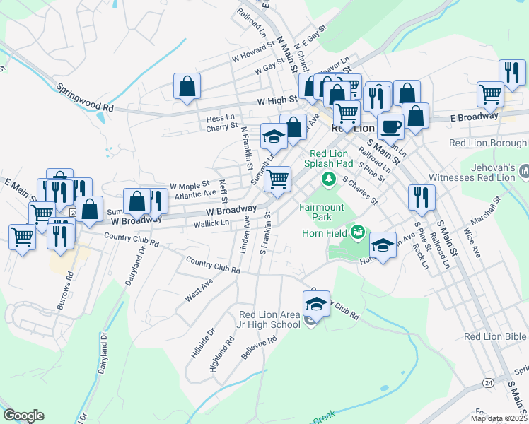 map of restaurants, bars, coffee shops, grocery stores, and more near 402 West Broadway in Red Lion