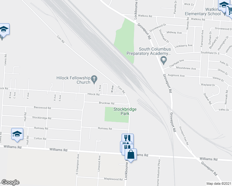 map of restaurants, bars, coffee shops, grocery stores, and more near 2 Hilock Road in Columbus