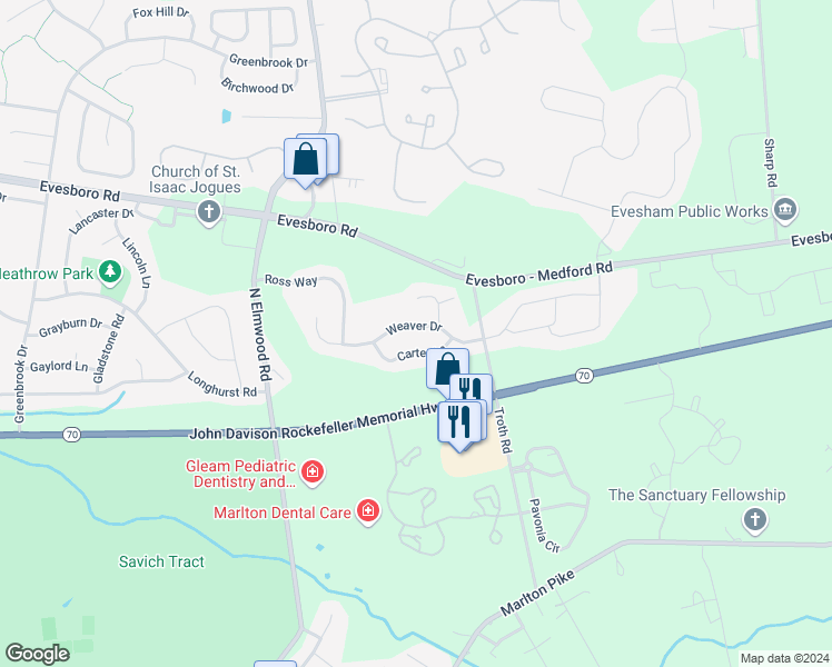 map of restaurants, bars, coffee shops, grocery stores, and more near 33 Weaver Drive in Evesham