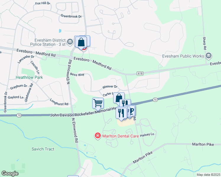 map of restaurants, bars, coffee shops, grocery stores, and more near 33 Weaver Drive in Evesham