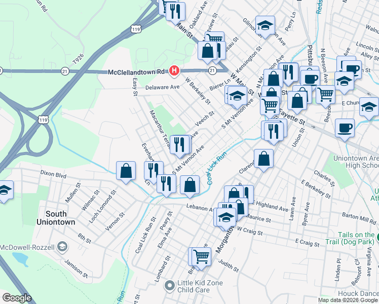 map of restaurants, bars, coffee shops, grocery stores, and more near 172 South Mount Vernon Avenue in Uniontown