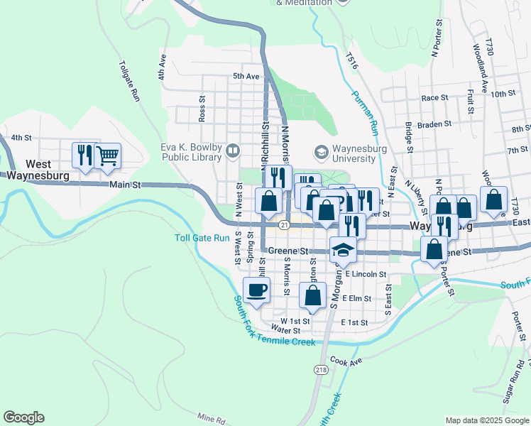 map of restaurants, bars, coffee shops, grocery stores, and more near 48 North Richhill Street in Waynesburg