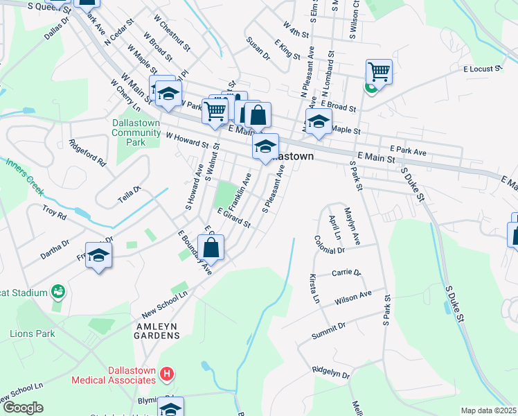 map of restaurants, bars, coffee shops, grocery stores, and more near 234 South Pleasant Avenue in Dallastown