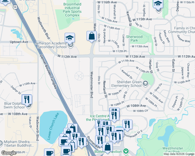map of restaurants, bars, coffee shops, grocery stores, and more near 11069 Otis Street in Westminster