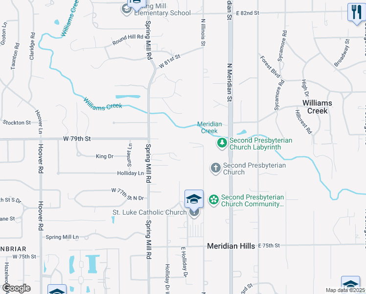 map of restaurants, bars, coffee shops, grocery stores, and more near 7880 North Illinois Street in Indianapolis