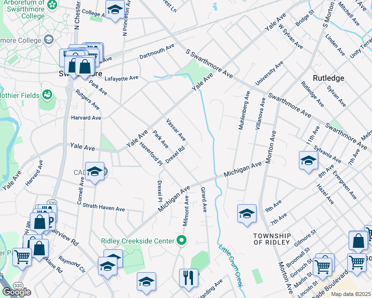 map of restaurants, bars, coffee shops, grocery stores, and more near 404 Vassar Avenue in Swarthmore