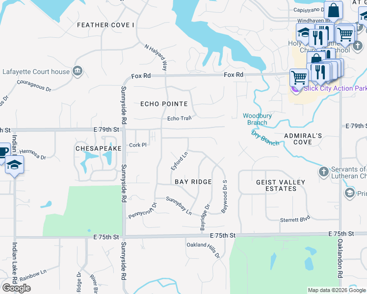 map of restaurants, bars, coffee shops, grocery stores, and more near 7820 Eyford Lane in Indianapolis