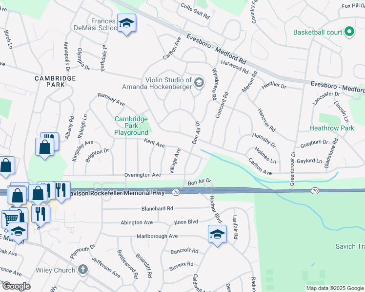 map of restaurants, bars, coffee shops, grocery stores, and more near 50 Kent Avenue in Evesham