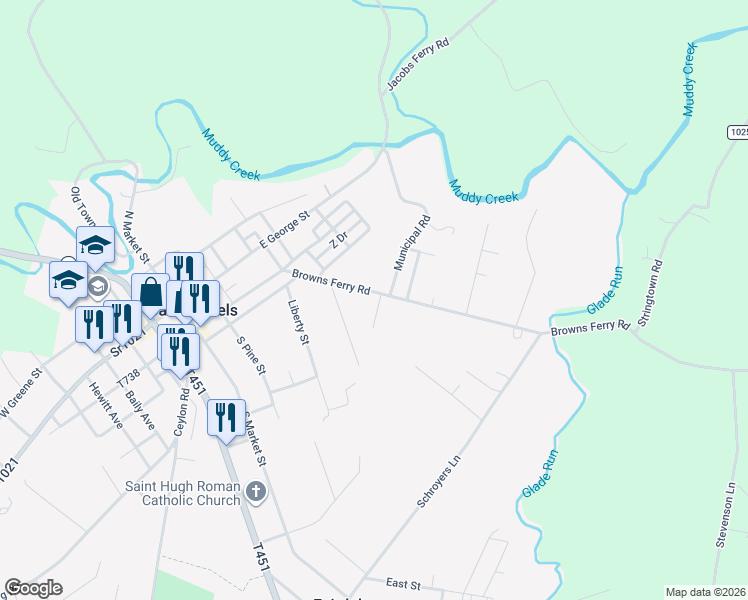 map of restaurants, bars, coffee shops, grocery stores, and more near 629 Browns Ferry Road in Carmichaels