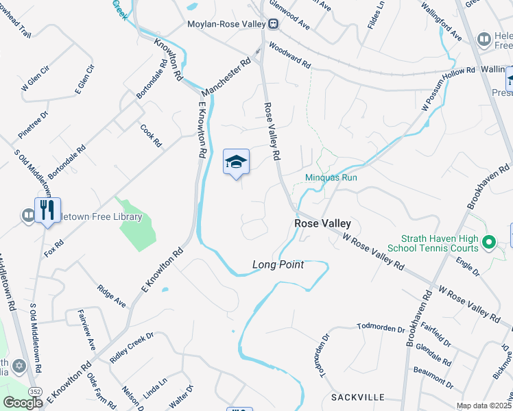 map of restaurants, bars, coffee shops, grocery stores, and more near 108 Traymore Lane in Rose Valley