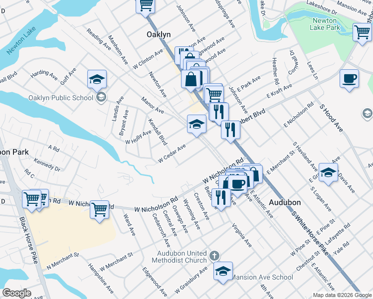 map of restaurants, bars, coffee shops, grocery stores, and more near 146 West Cedar Avenue in Oaklyn