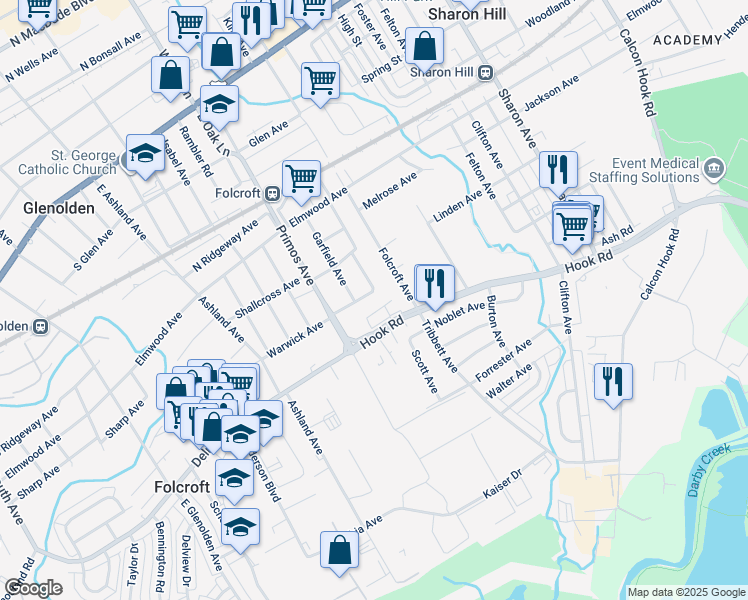 map of restaurants, bars, coffee shops, grocery stores, and more near 1537 Warwick Avenue in Folcroft