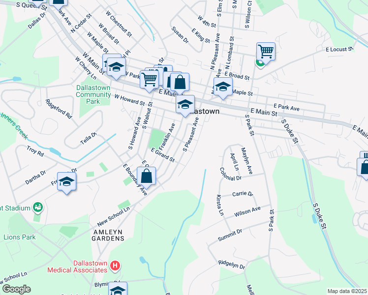 map of restaurants, bars, coffee shops, grocery stores, and more near 230 South Pleasant Avenue in Dallastown