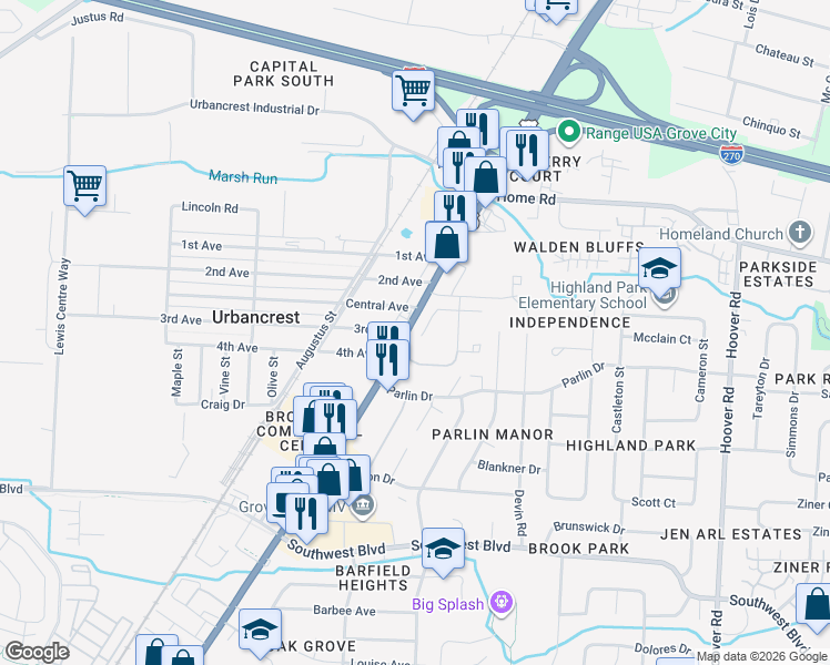 map of restaurants, bars, coffee shops, grocery stores, and more near 3025 Ashton Row West in Grove City