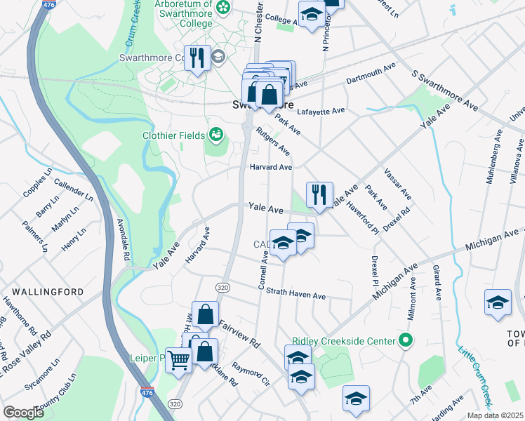 map of restaurants, bars, coffee shops, grocery stores, and more near 300 Cornell Avenue in Swarthmore