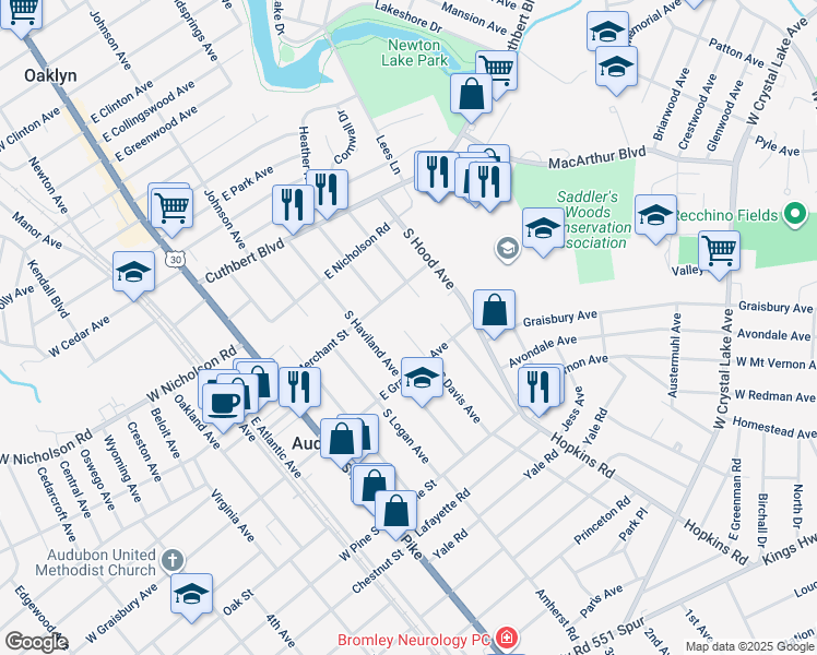 map of restaurants, bars, coffee shops, grocery stores, and more near 139 South Davis Avenue in Audubon