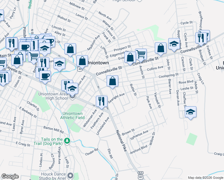map of restaurants, bars, coffee shops, grocery stores, and more near 71 Mifflin Avenue in Uniontown