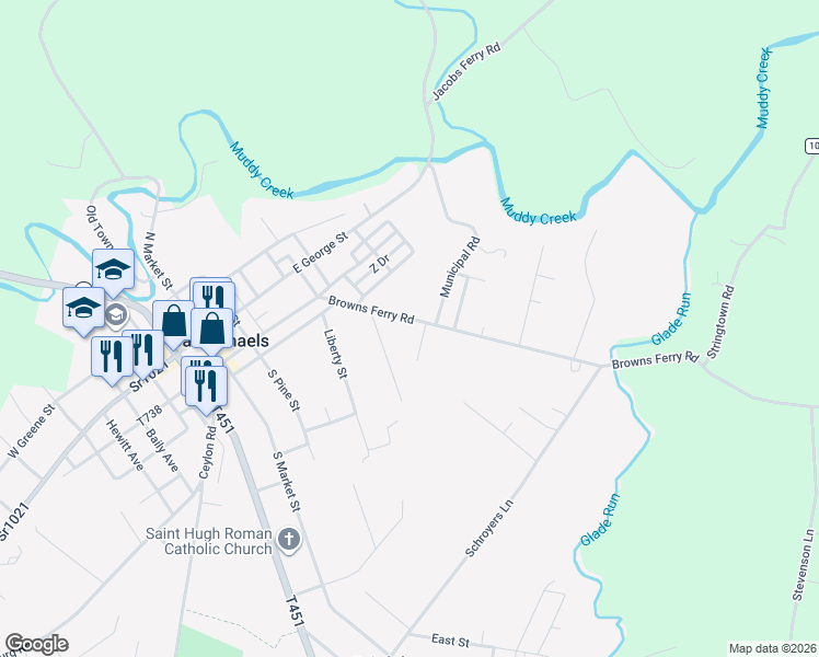 map of restaurants, bars, coffee shops, grocery stores, and more near 629 Browns Ferry Road in Carmichaels