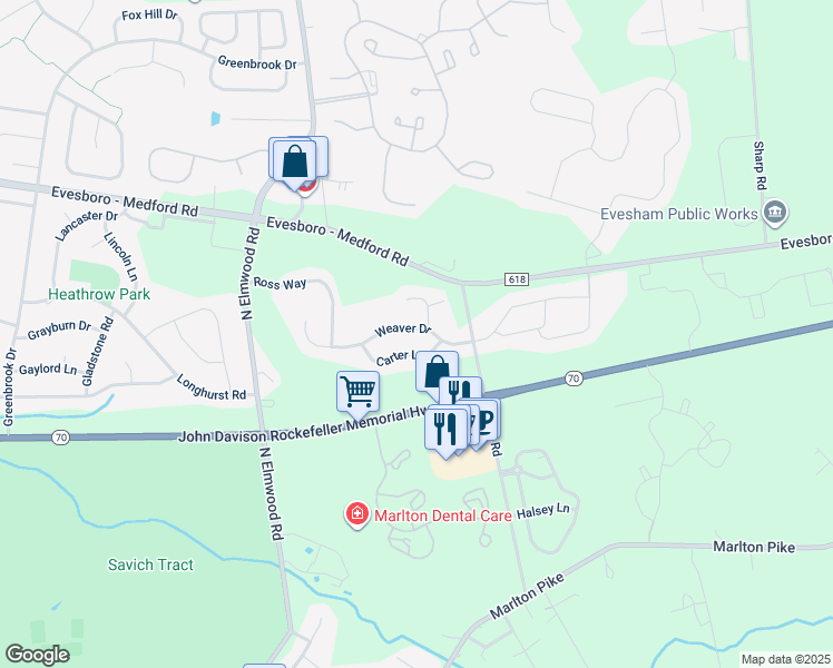 map of restaurants, bars, coffee shops, grocery stores, and more near 25 Weaver Drive in Evesham