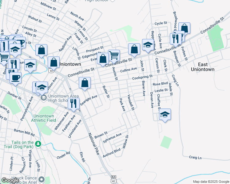 map of restaurants, bars, coffee shops, grocery stores, and more near 138 Searight Avenue in Uniontown