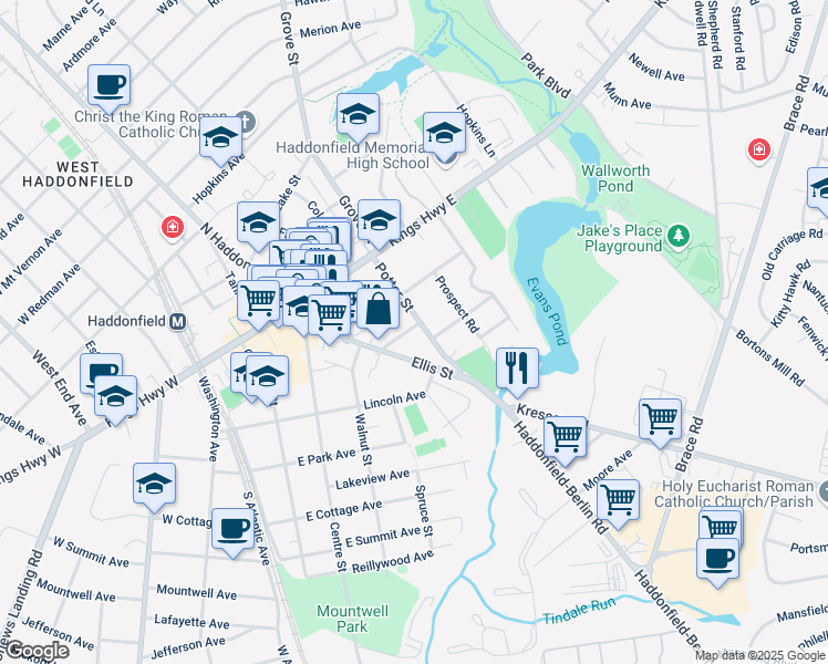 map of restaurants, bars, coffee shops, grocery stores, and more near 107 Potter Street in Haddonfield