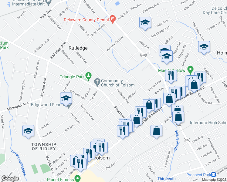 map of restaurants, bars, coffee shops, grocery stores, and more near 609 Folsom Avenue in Folsom