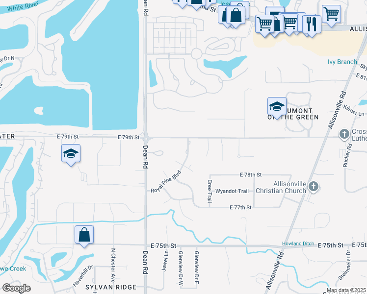 map of restaurants, bars, coffee shops, grocery stores, and more near 4151 East 79th Street in Indianapolis